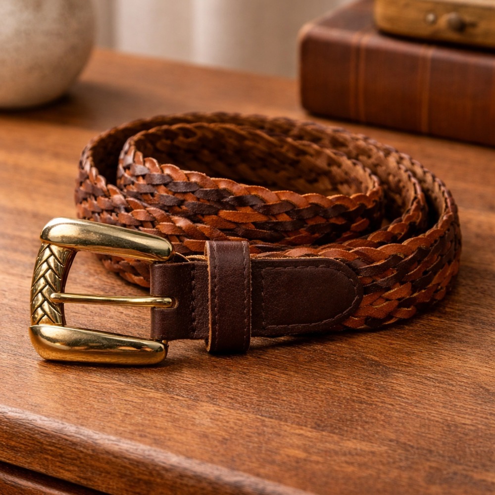 Chic Vintage Mens Braided Leather Belt Brown Gold Etched Buckle‎ Size Large Prep
